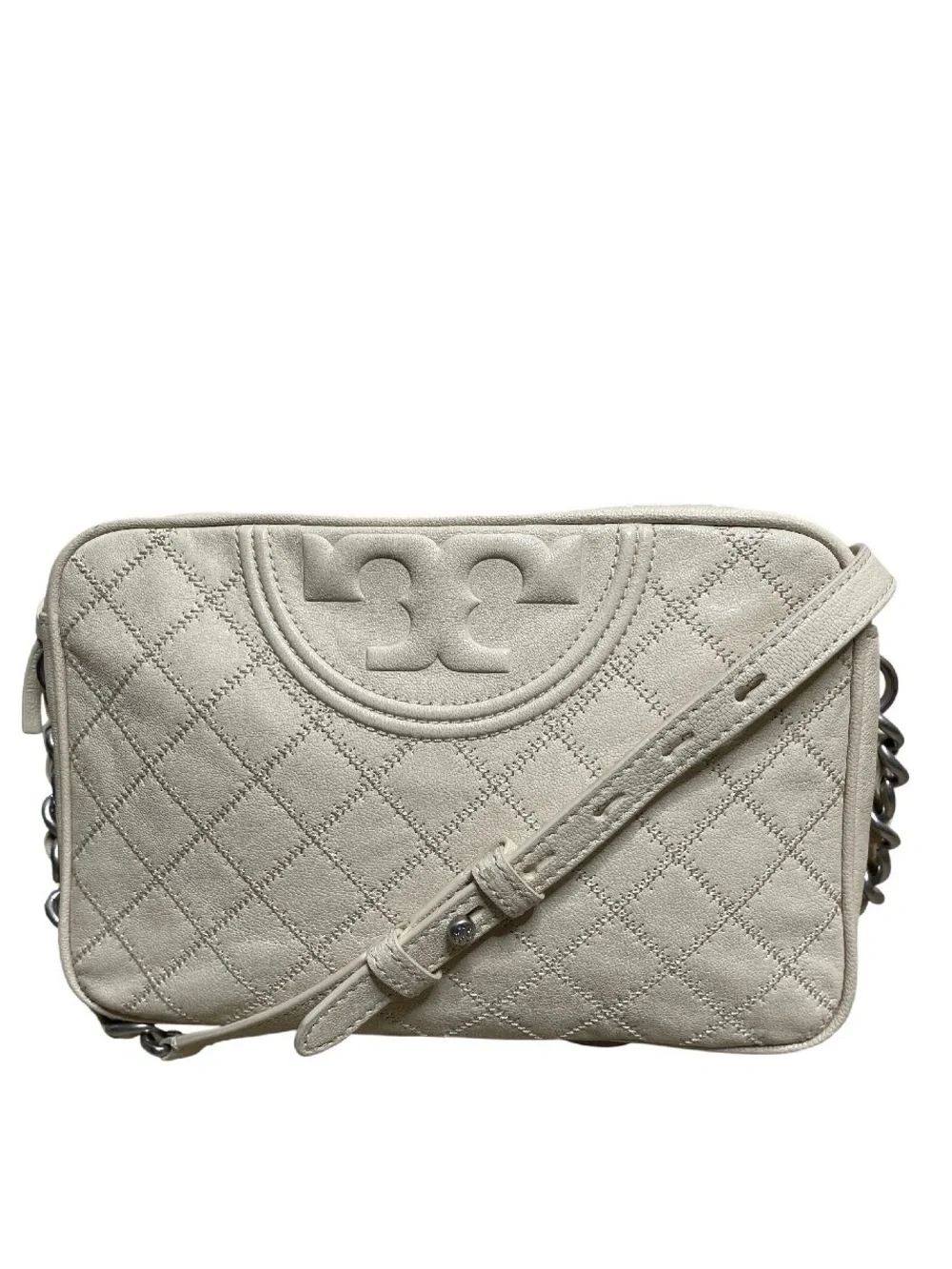 Tory Burch Fleming Camera Beige Quilted Logo Crossbody Bag
